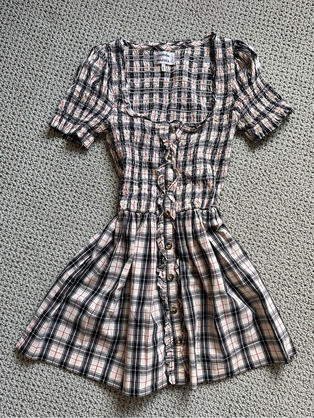 Damsen Madder smocked shirred black neutral plaid mini dress fall US 2
